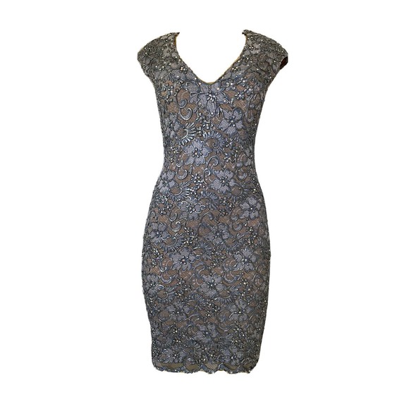 Baccio Couture Dress Floral Pewter Gray Swarovski Textured Sleeveless Sh…